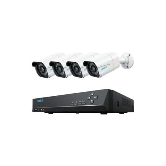 NVR & Camera Kit 2TB Installed Drive, 12TB 3.5" SATA Supported Supports 8 Cameras @ 4K Resolution, 4 Outdoor 10MP Bullet Cameras Included 91° Field of View 18 IR LEDs, Night Vision Range up to 100 Feet