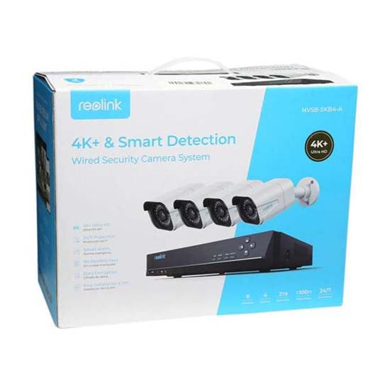NVR & Camera Kit 2TB Installed Drive, 12TB 3.5" SATA Supported Supports 8 Cameras @ 4K Resolution, 4 Outdoor 10MP Bullet Cameras Included 91° Field of View 18 IR LEDs, Night Vision Range up to 100 Feet