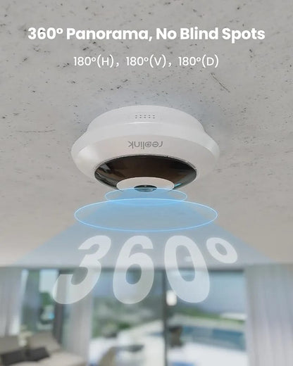REOLINK WiFi Security Fisheye Camera, 2K+ 6MP 360° Panorama, 2.4/5GHz WiFi Indoor Wireless Security Camera, Person Motion Detection, Ceiling/Wall/Desk Mount, Supports up to 512GB microSD, FE-W (White) (Without box)