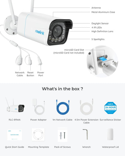 RLC-811WA BY Reolink 4K Security Camera Outdoor Wi-Fi 6, 5X Optical Zoom, 8MP Color Night Vision, Human/Vehicle/Animal Detection, 2.4/5 GHz WiFi, 2-Way Audio, IP67 Waterproof, Remote Viewing H.265,  (Without box)