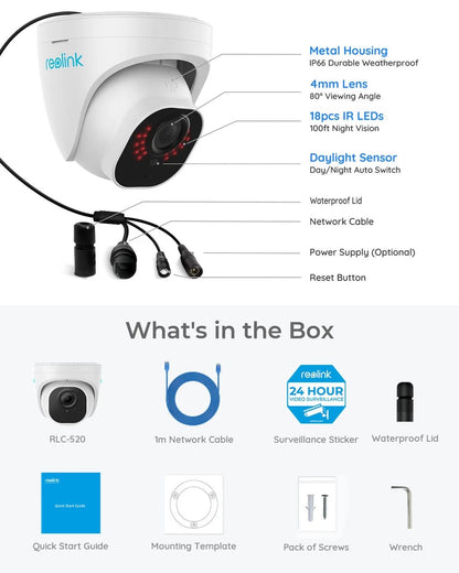 Reolink d500 work with only reolink nvr5MP PoE (Power over Ethernet) dome security camera featuring a 2560x1920 resolution, a 4mm fixed lens with an 80° horizontal field of view, and excellent 100ft infrared night vision. (Without box)