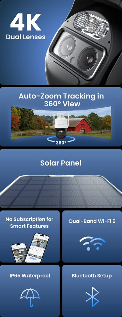 TrackMix WiFi RECHARGEABLE BY REOLINK camera with type c solar panel  camera features 2K (4MP) resolution, a dual-lens system with 6X hybrid zoom, auto-tracking for motion detection, and two-way audio. (Without box)