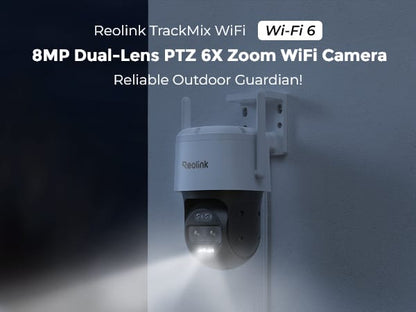 TrackMix WiFi RECHARGEABLE BY REOLINK camera with type c solar panel  camera features 2K (4MP) resolution, a dual-lens system with 6X hybrid zoom, auto-tracking for motion detection, and two-way audio. (Without box)
