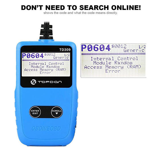 OBD2 Scanner,TOPDON EOBD2 Scan Tool TD309 Automotive Trouble Code Read and Clear, Retrieving I/M readiness, View VIN and Freeze Frame Data (Packed)