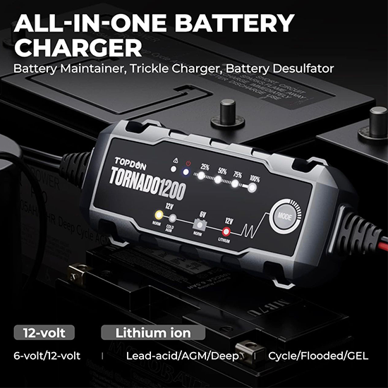 TOPDON Car Battery Charger,6V/12V 1.2A Automatic Battery Charger,Battery Maintainer, Trickle Charger with 5-Stage Charging with Temperature Compensation