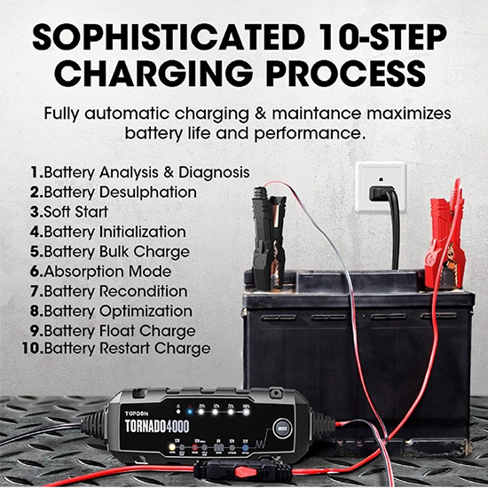 TOPDON TORNADO 4000 Car Battery Charger 4A Fully Automatic for 6V/12V 20Ah-150Ah Batteries, 10 Levels Intelligent Trickle Charger for Car/Truck/ATV/SUV/Boat