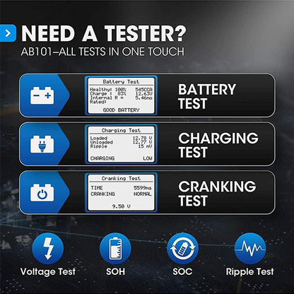 TOPDON AB101 Car Battery Tester 12V Car Battery Load Tester on Cranking Charging Systems