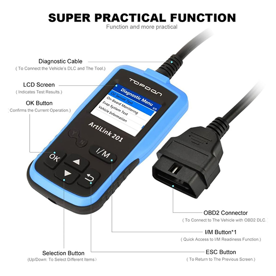 OBD2/EOBD Scanner, Topdon ArtiLink 201 Auto Code Scanner Check Engine Code Reader with O2 Sensor Test