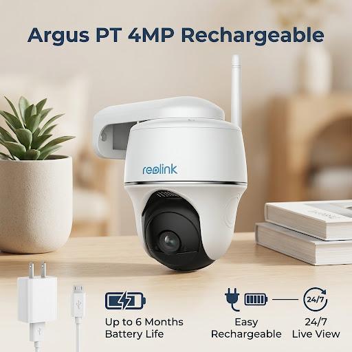 ARGUS PT BY REOLINK 4MP RECHARGEABLE CAMERA 64GB MEMORY CARD INCLUDED 3 DAYS BETTERY BACKUP 2-WAY AUDIO IR NIGHT VISION MOTION SENSOR RECORDING BOX PACKED WITH COMPLETE ACCESRIOES