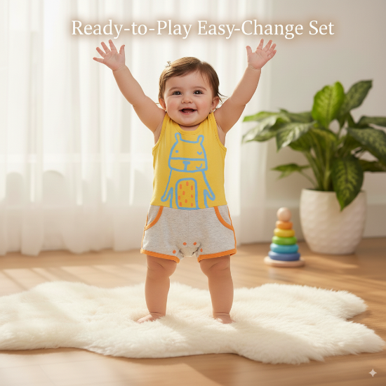 Yellow & Grey Sleeveless Baby Romper Soft Cotton Art No. CM0032