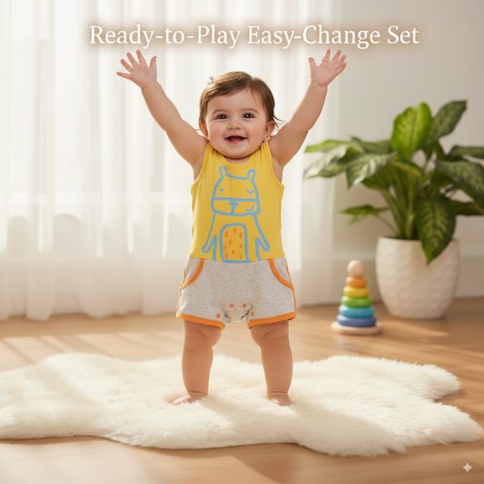 Yellow & Grey Sleeveless Baby Romper Soft Cotton Art No. CM0032