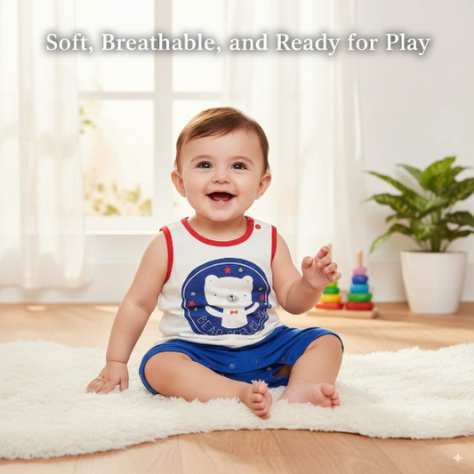 White & Blue Sleeveless Baby Romper Organic Cotton Art No. CM0044