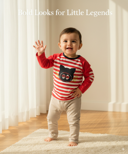 Red Striped Full-Sleeve Baby Shirt with Bear Patch Organic Cotton Art No. CM0045
