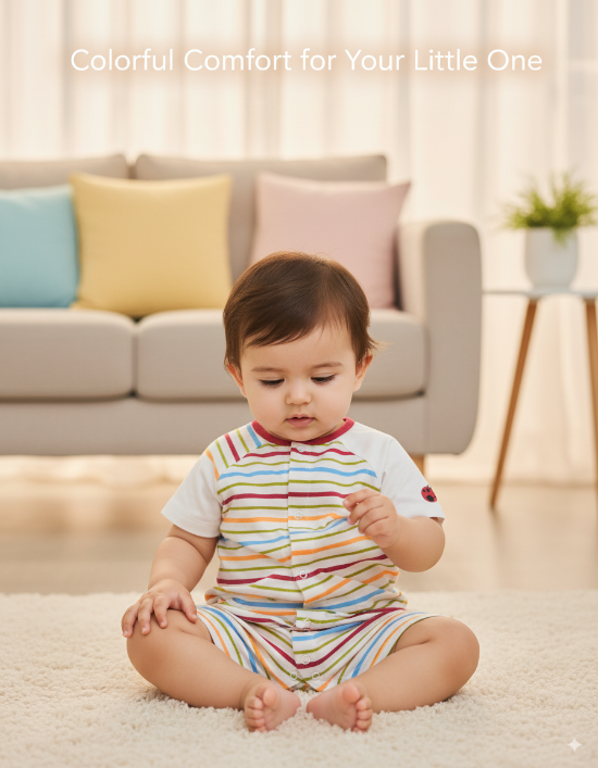 Colorful Striped Baby Romper – Half Sleeves & Legs Organic Cotton Art No. CM0021